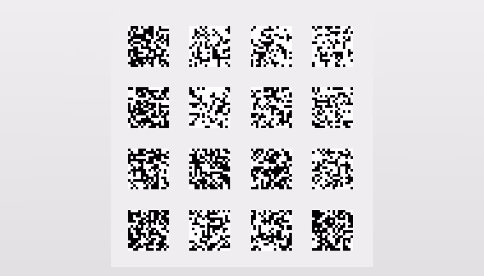 16 zufällig generierte, schwarz-weiße Pixelmatrixen