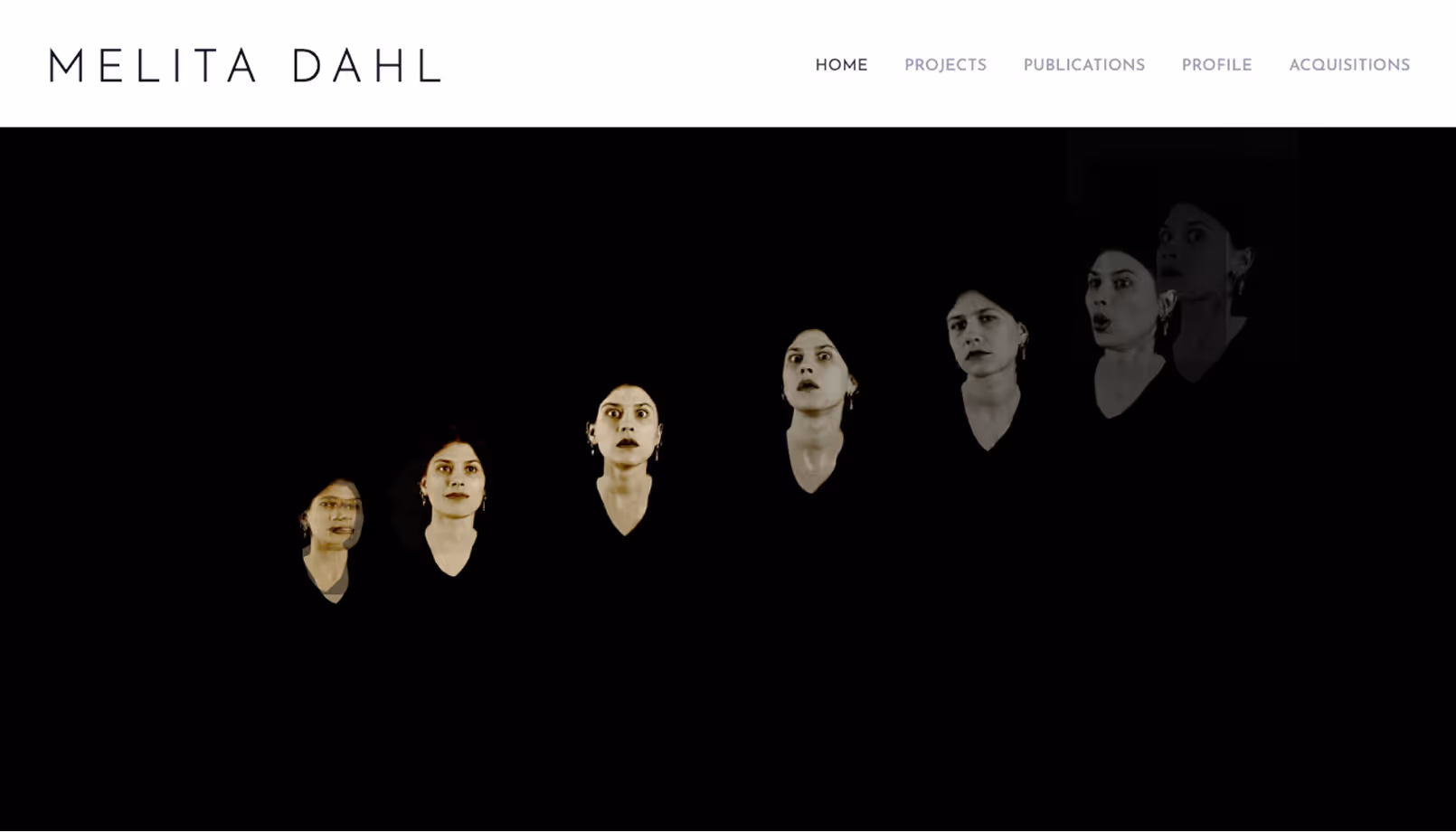 Webseite-Screenshot der australischen Künstlerin Melita Dahl. Auf einer schwarzen Fläche sieht man eine Sequenz ausdrucksstarker Gesicher.