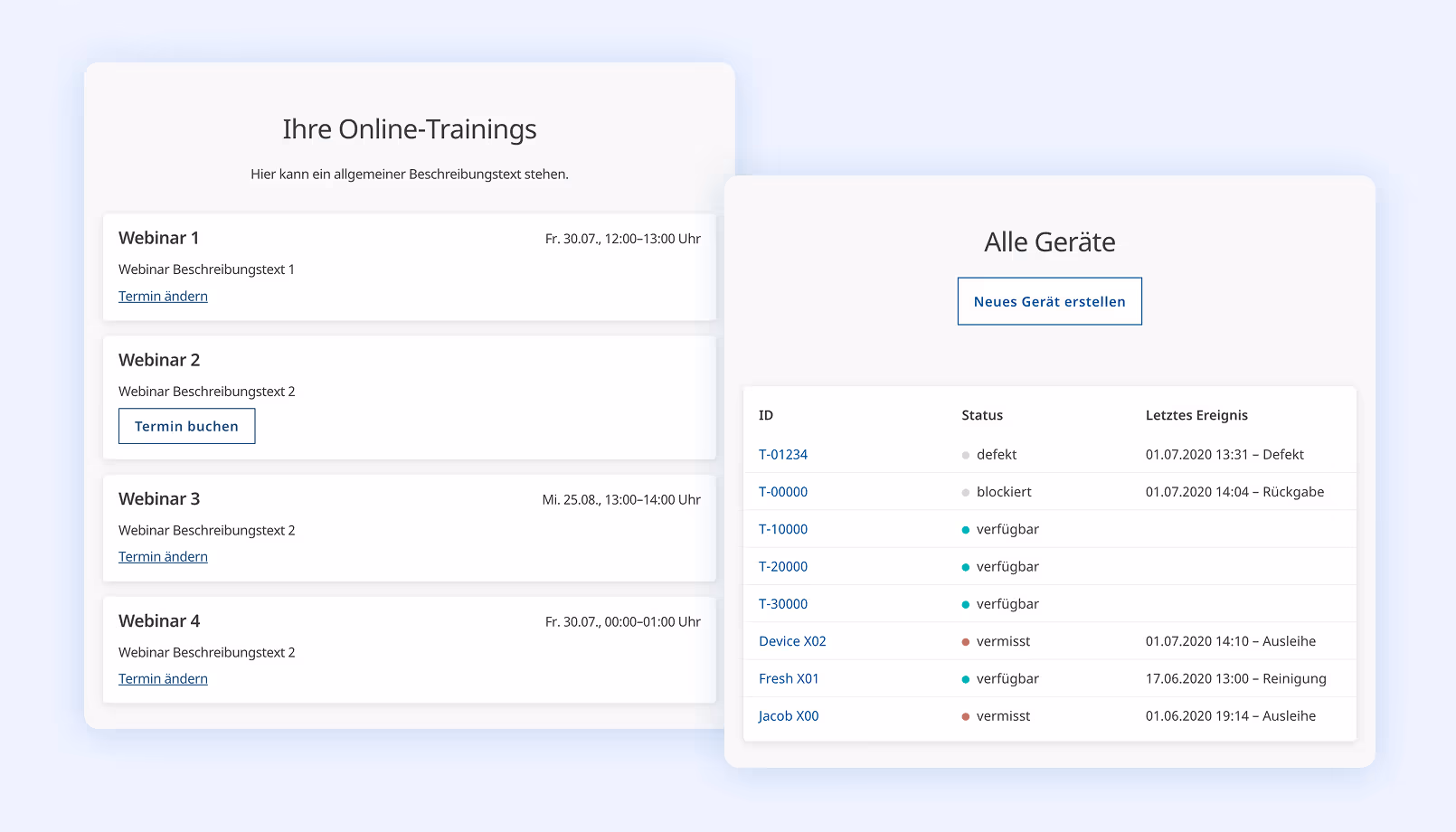 Applets zur Verwaltung von Leihgeräten