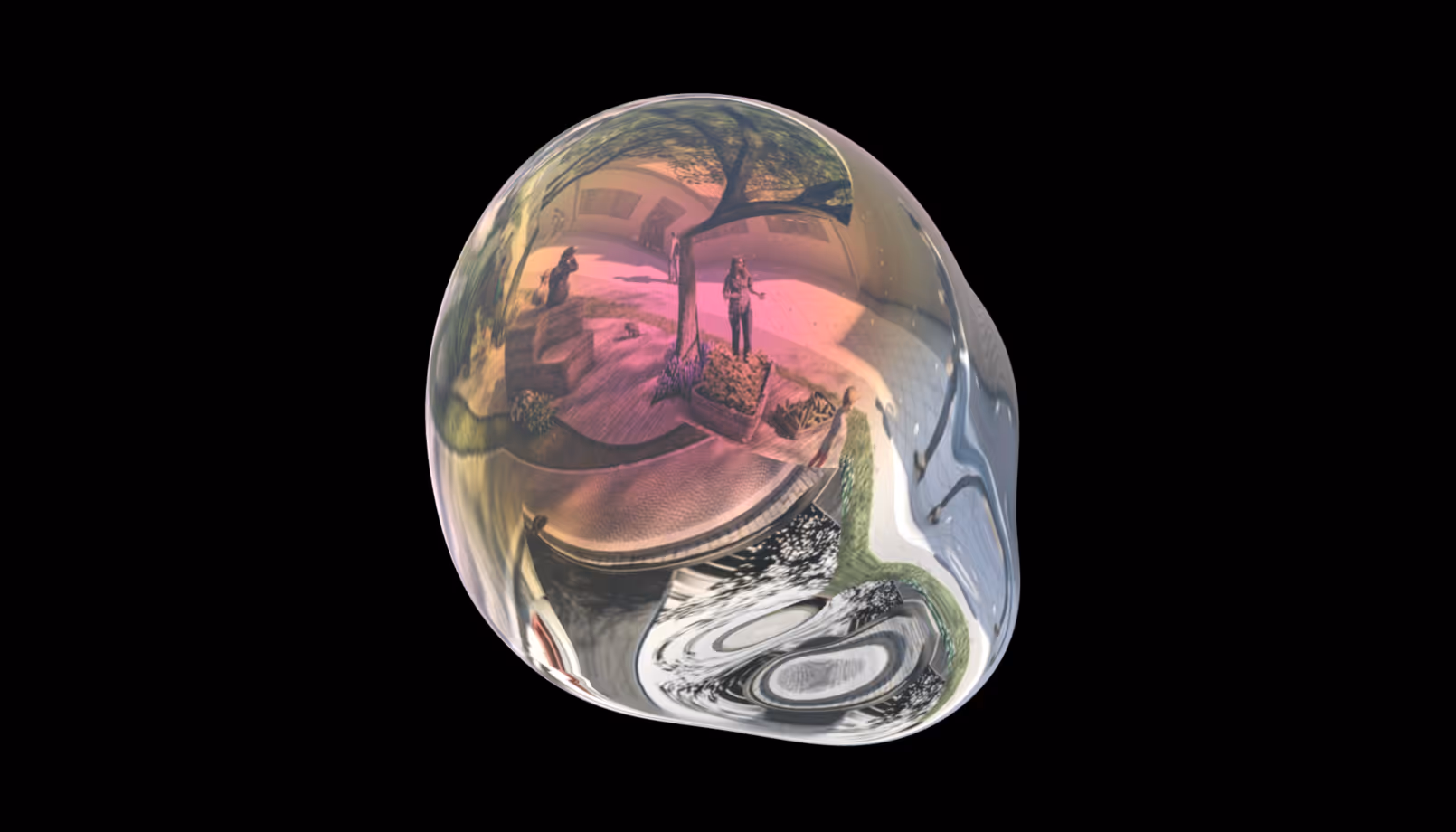Irisiderende 3D-Sphäre, in der sich ein Park spiegelt